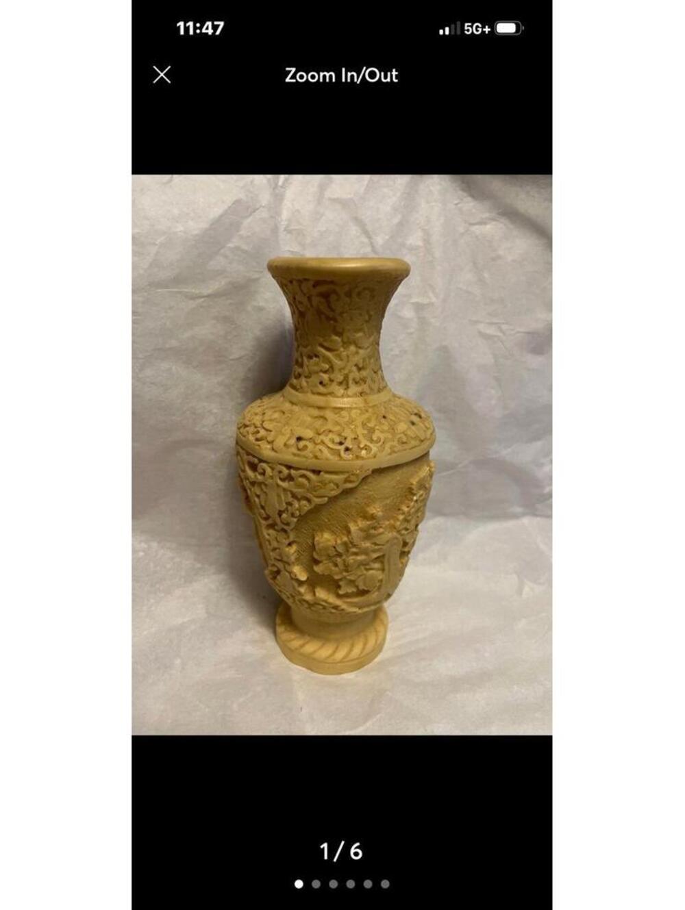 Vintage Chinese Ivory Tan Color Cinnabar Style Floral Relief Vase 7" HEAVY vase